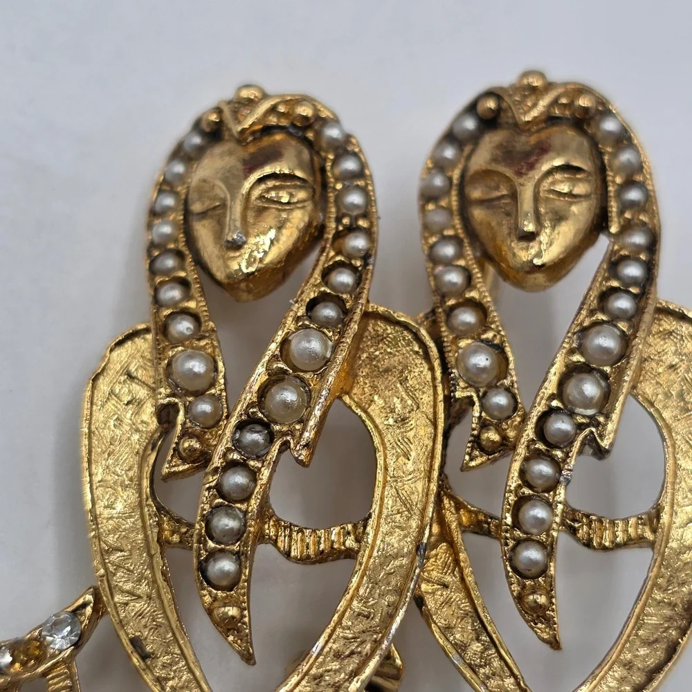 Vintage Gemini Zodiac Brooch Gold Tone Faux Pearl Rhinestone Twin Goddess Pin